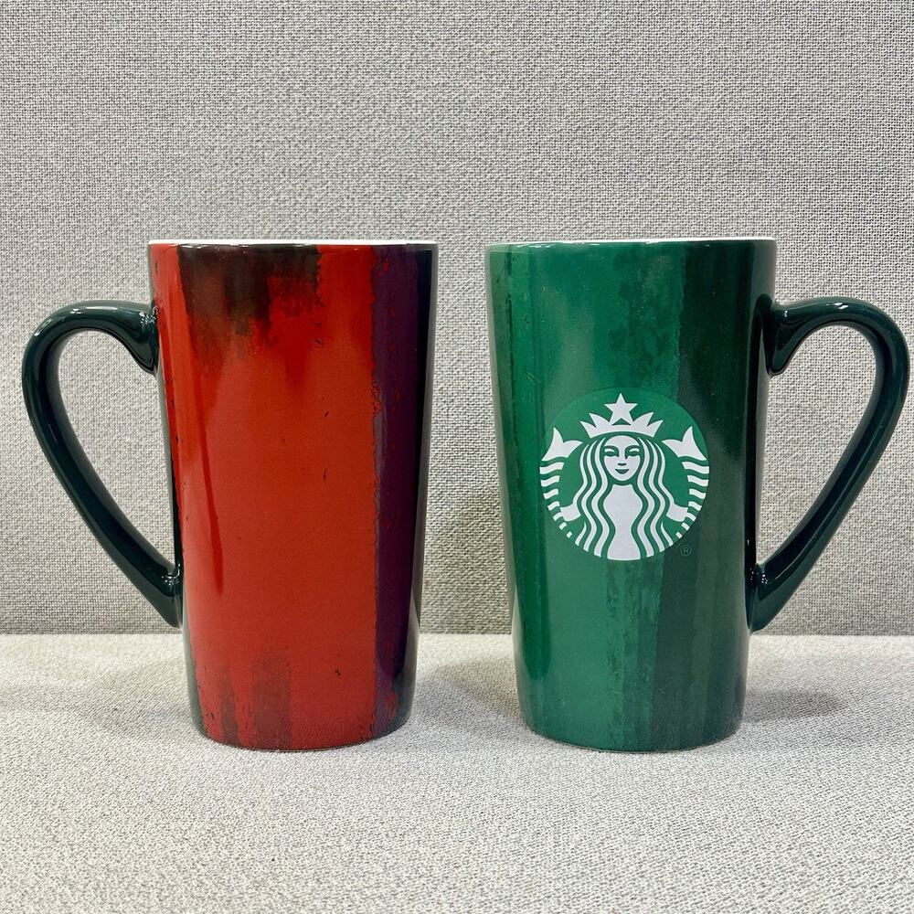 Starbucks Grande Coffee Mug x2- 2021 Green Red‎ Brushstrokes 16 Oz Mermaid Logo